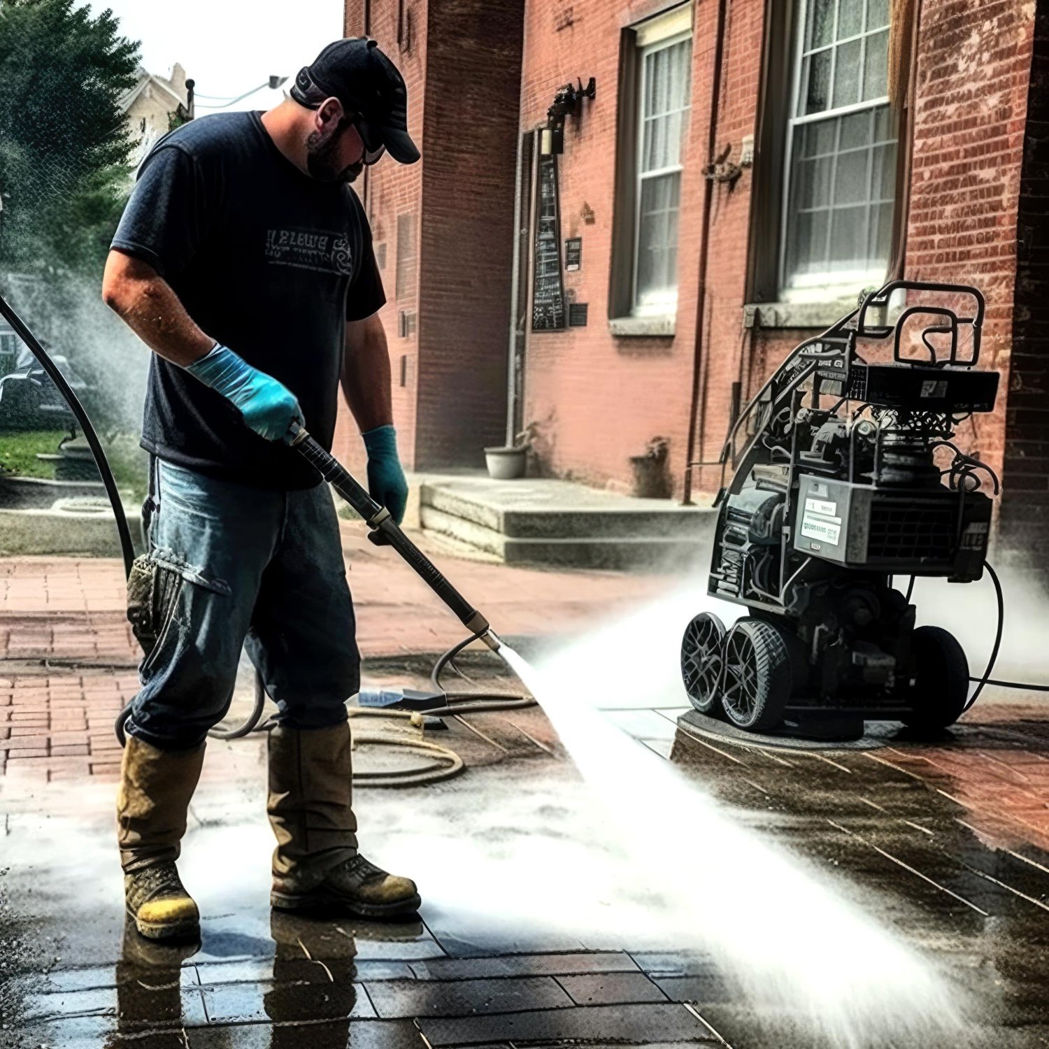 Man in a cap and gloves power-washes a wet brick sidewalk outside a red brick building.