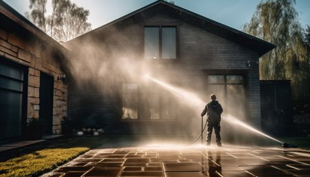 Firefighter hosing down a two-story brick house as water streams across the yard, with mist in the air.