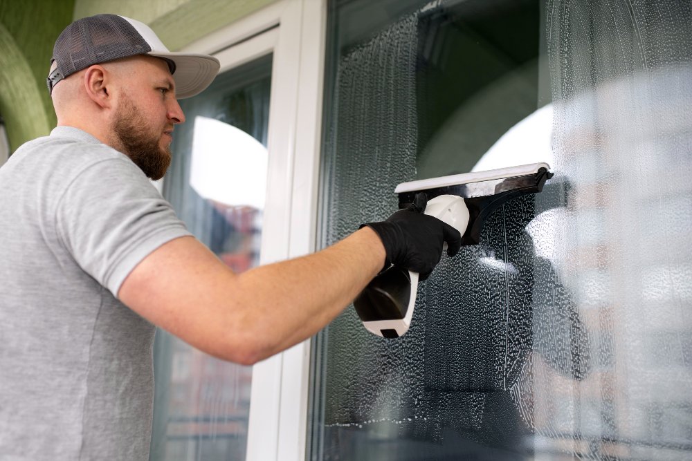 Person wearing a gray t-shirt and cap cleans a glass window from the outside using a spray bottle and squeegee.