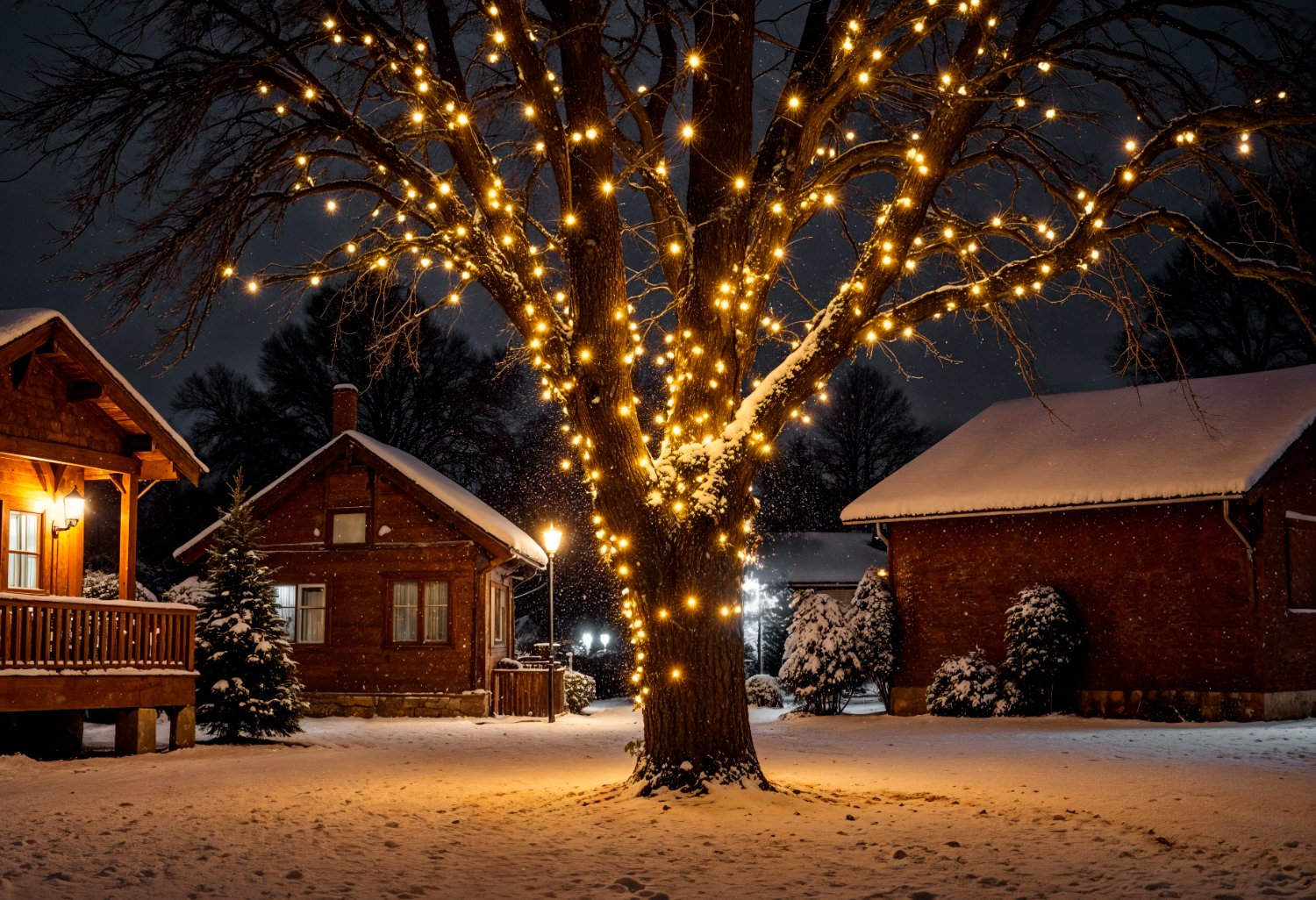 Snow-covered village at night with a large tree wrapped in warm string lights between wooden cabins; cozy winter scene.
