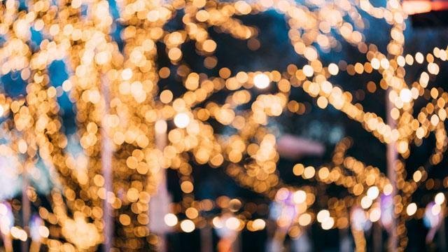 Soft golden holiday lights blurred into bokeh against a dark evening backdrop, creating a festive glow.