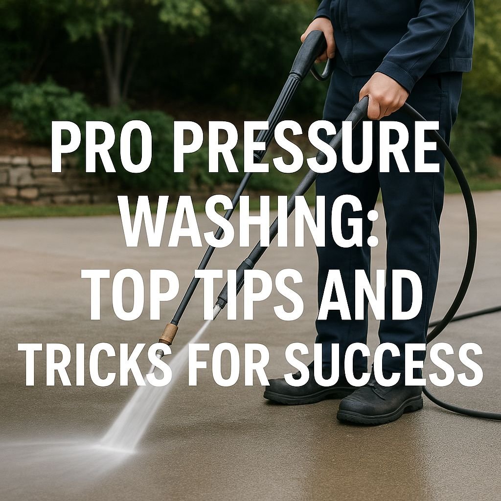 Person in work clothes uses a pressure washer on a driveway; large white headline reads 'Pro Pressure Washing: Top Tips and Tricks for Success'.