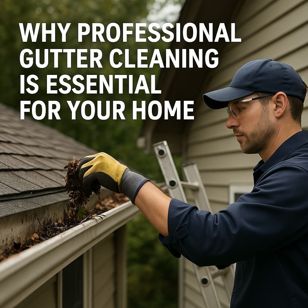 Worker in cap and gloves cleaning a rain gutter on a suburban home with a ladder nearby, promoting gutter maintenance.