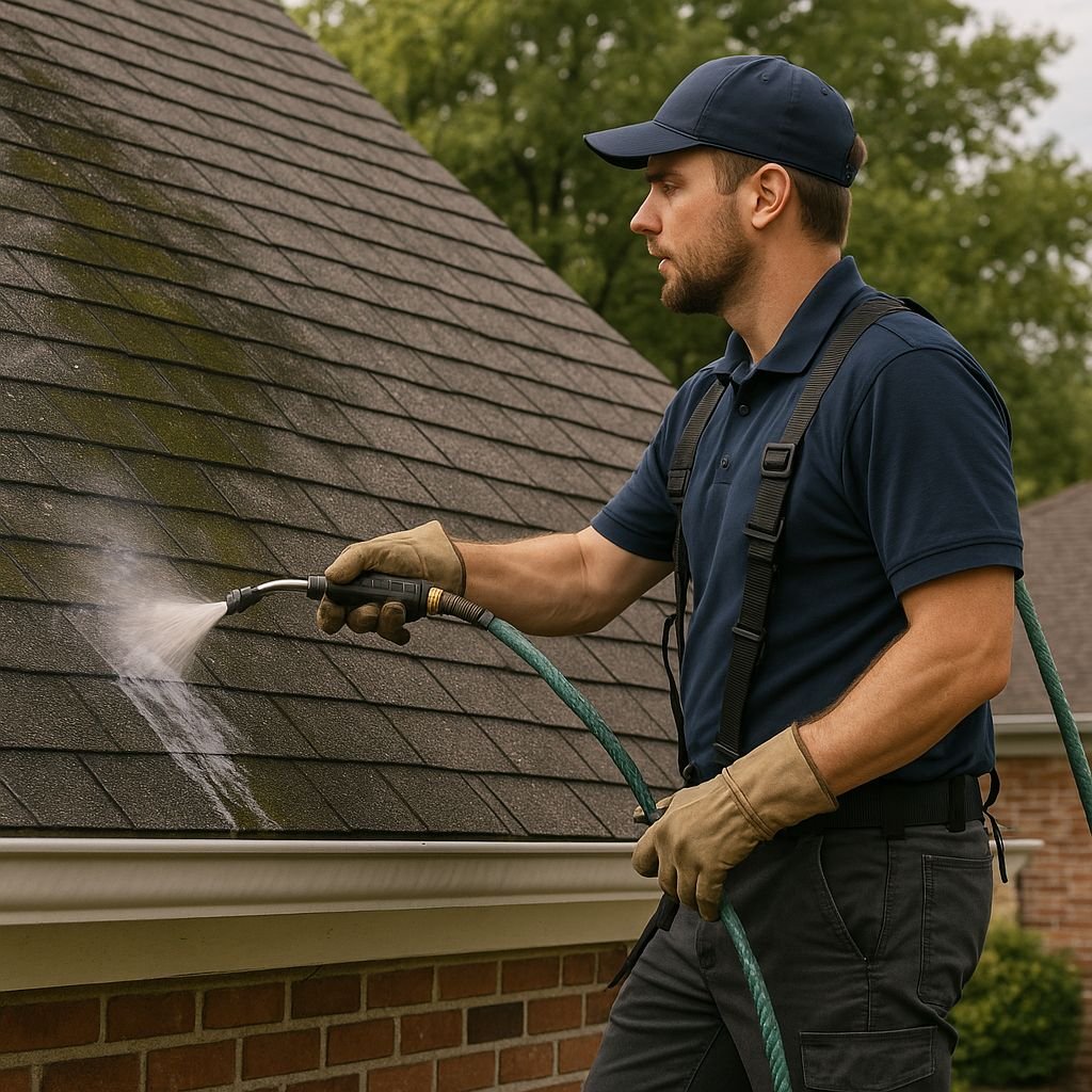 Man wearing a navy shirt and cap pressure-washing a shingled roof with a hose.