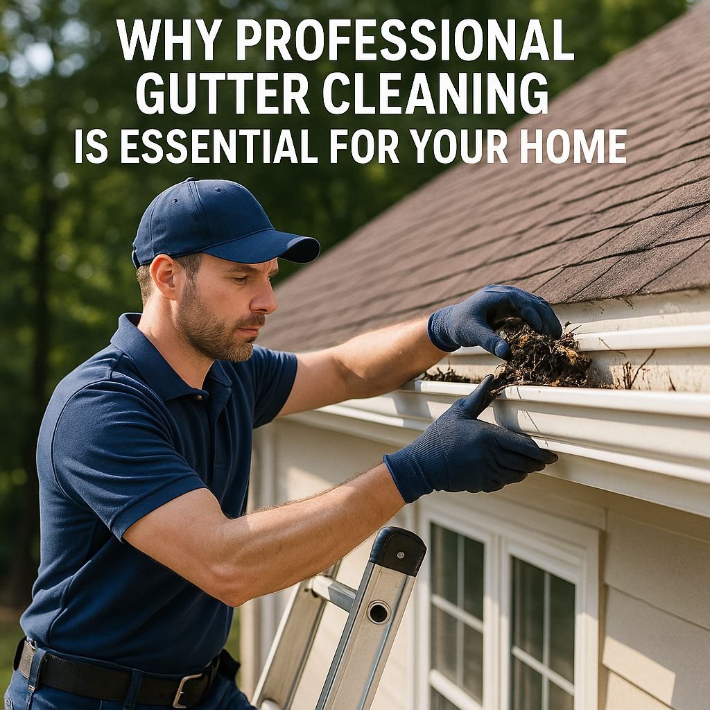 Professional gutter cleaner on a ladder clears debris from a home's gutter wearing gloves and a cap