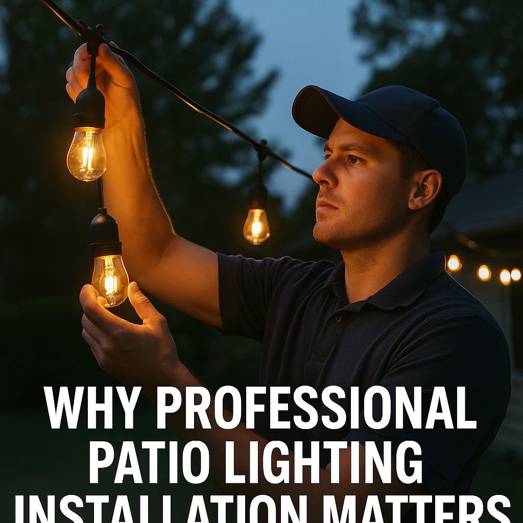 Man in a cap installs warm patio string lights at dusk, illustrating outdoor lighting installation for an article.