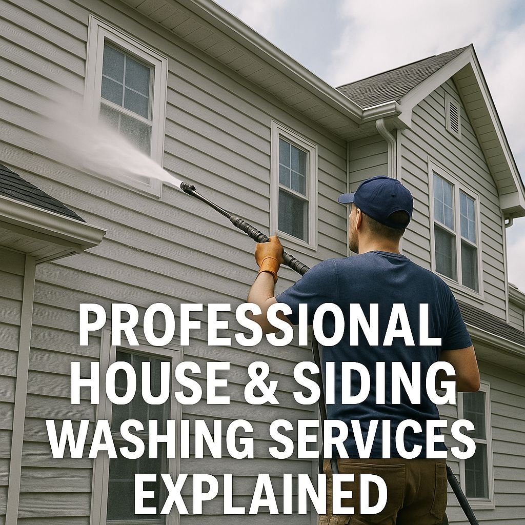 Man in a cap pressure washing the siding of a gray house on a sunny day.