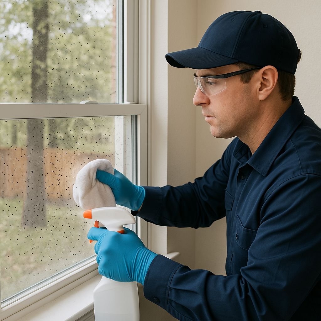 Maintenance worker wearing safety glasses and gloves wipes a window with a spray bottle and microfiber cloth, indoors near a window for cleaning.