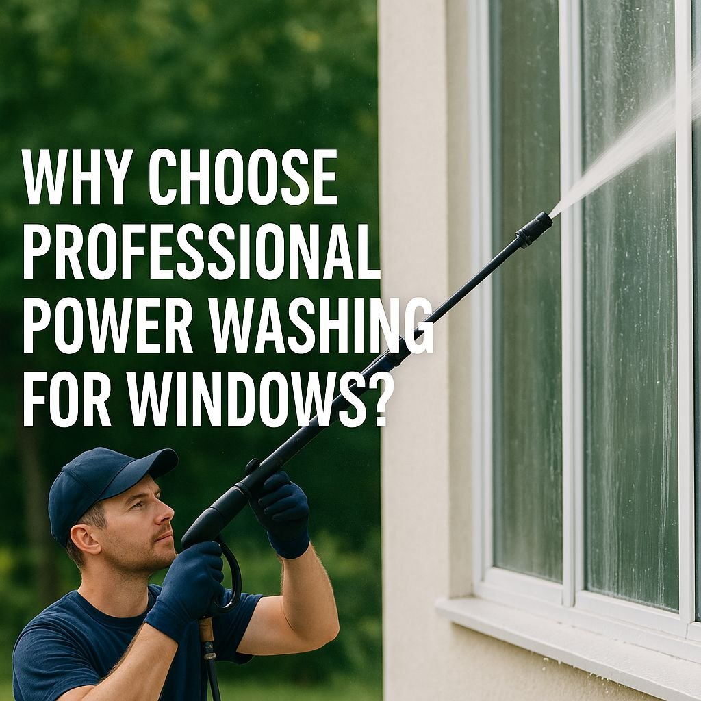 Man using a pressure washer to clean an exterior window, with bold headline asking 'Why choose professional power washing for windows?'