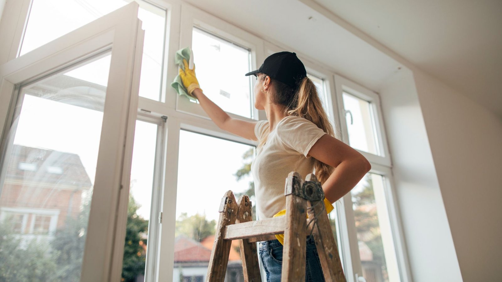 Woman standing on a wooden ladder, cleaning a large window with a cloth and spray bottle, wearing yellow gloves and a black cap indoors.