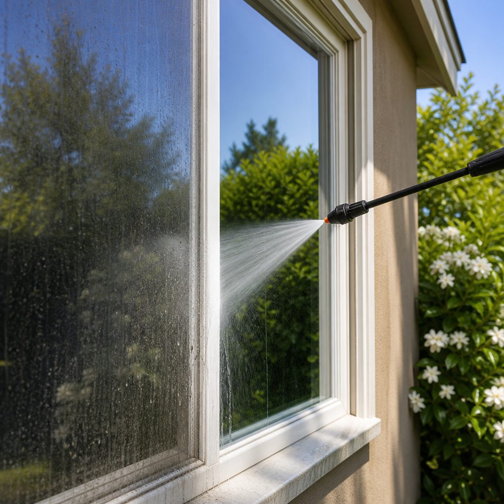 Garden hose nozzle spraying water onto a window of a beige house, with green bushes and white flowers in the yard.