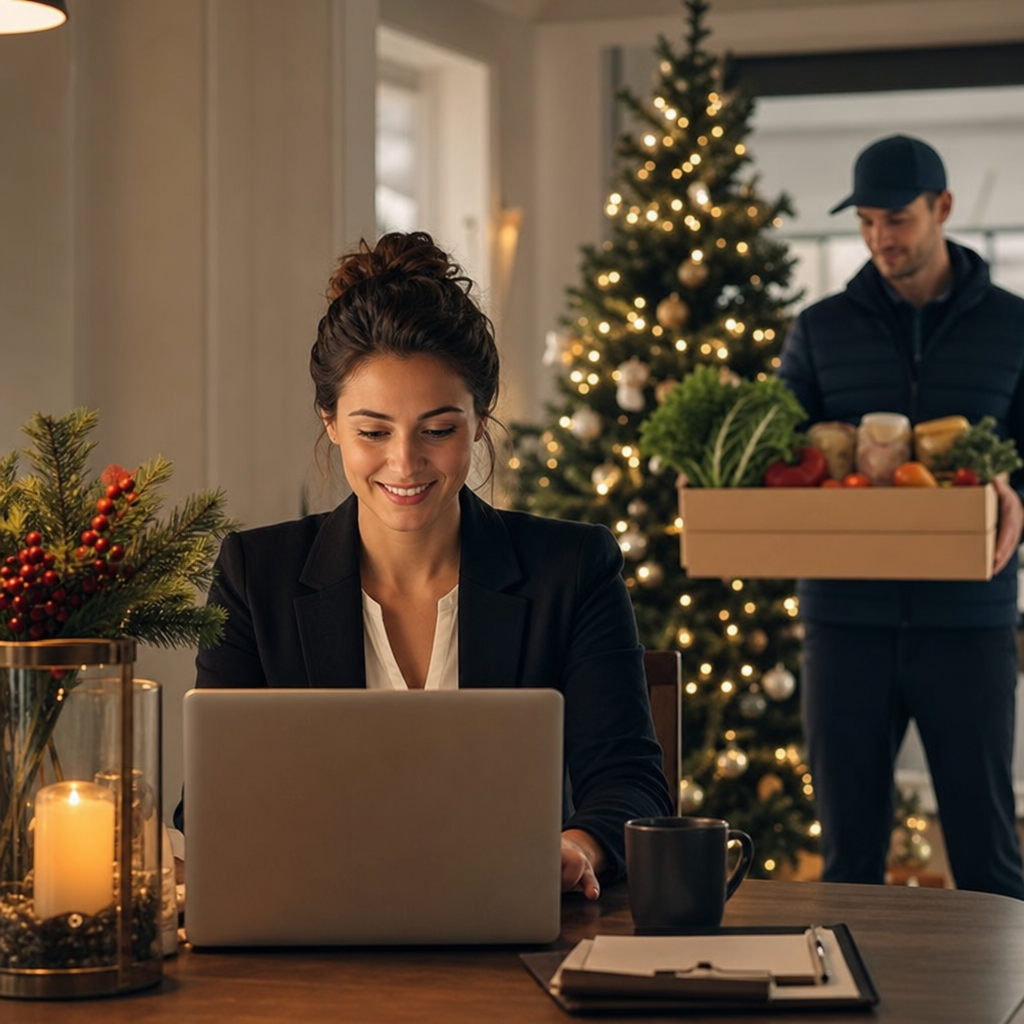 Woman in a blazer typing on a laptop at a festive home desk, Christmas tree lit in the background, a man carries a box of groceries behind her.