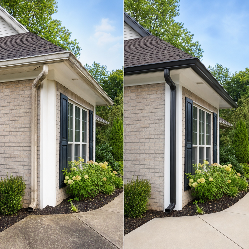 Before-and-after comparison of a brick house gutter: beige downspout on the left, black gutter on the right.