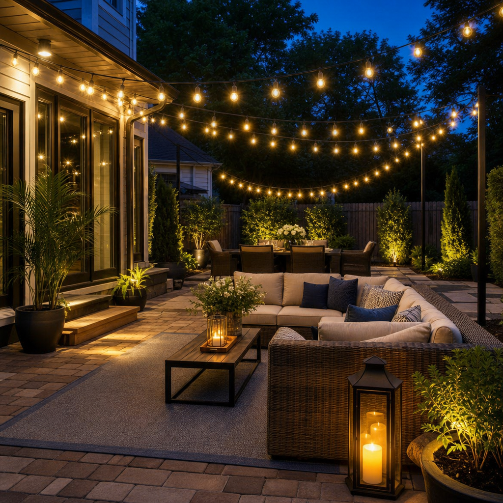 Nighttime backyard lounge with string lights, beige sectional sofa, coffee table, and lantern candles.