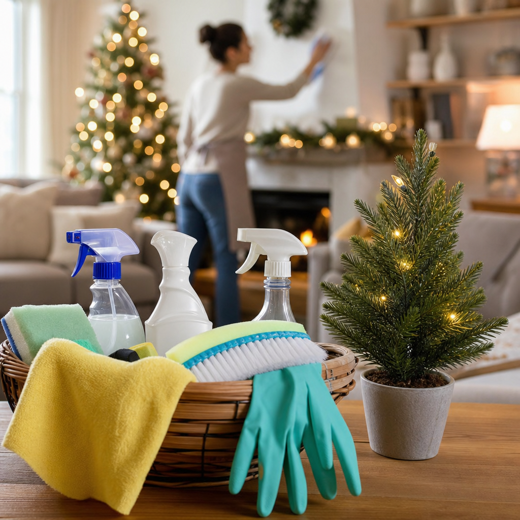 Cleaning supplies in a wicker basket on a table with gloves, sprays, and sponges, while a person cleans a festively decorated living room in the background.