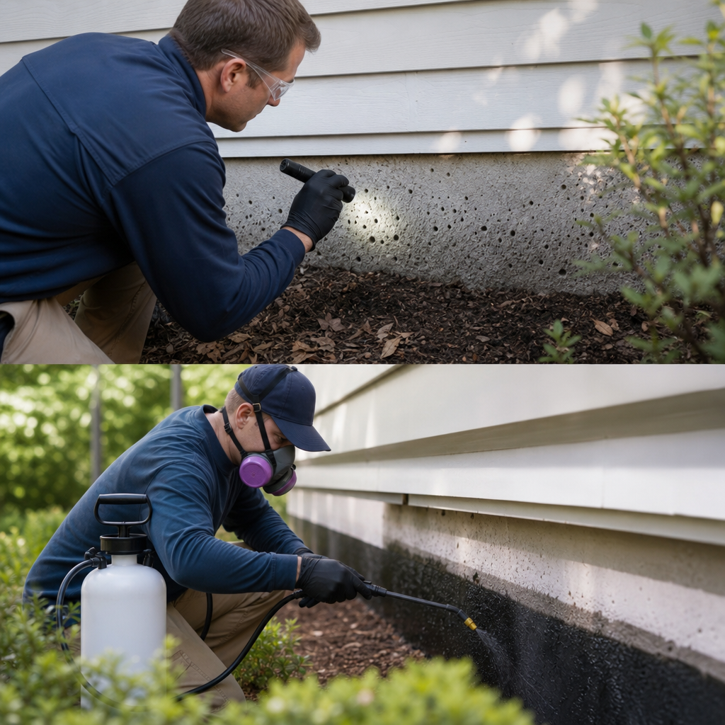 Man in safety glasses crouches by a house, examining a concrete foundation with a small tool near the siding.