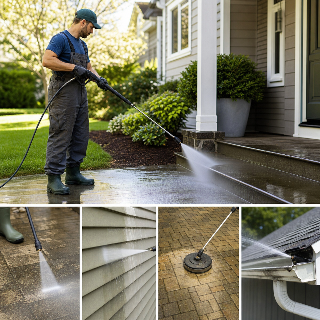 A worker in overalls pressure-washes the front porch and walkway of a house.