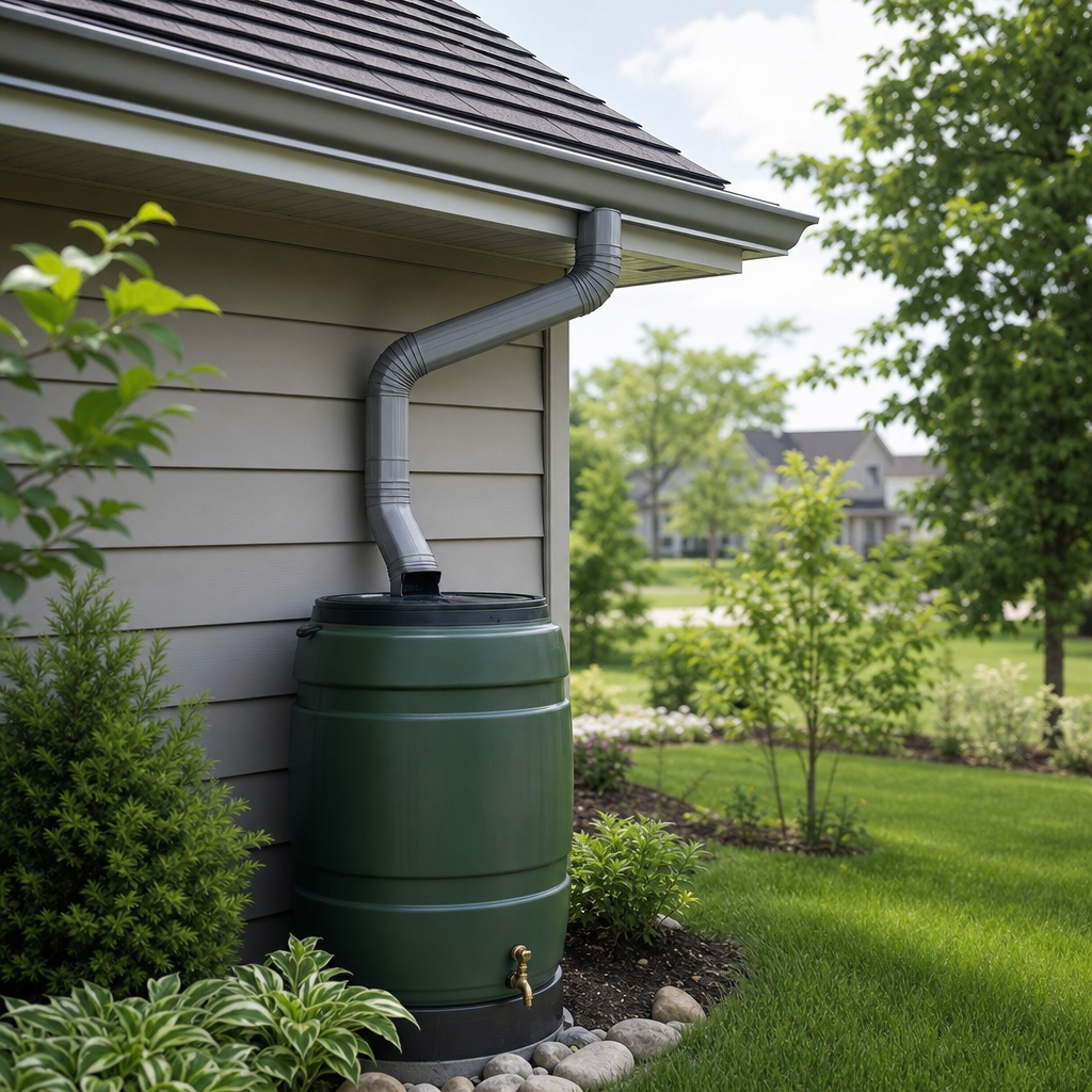 Green rain barrel connected to a house downspout in a well-kept suburban yard.