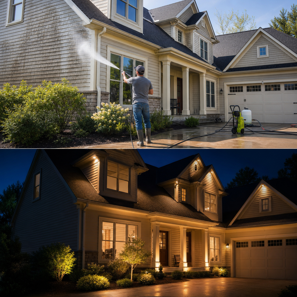 Collage showing a two-story house: daytime power washing the front with a worker spraying water, and nighttime exterior lighting along the entryway and landscaping.