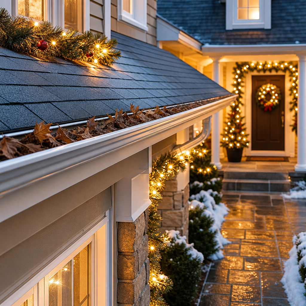 House exterior at dusk with Christmas lights along the roofline and a wreath on the front door; snow on the ground and a lit, inviting entrance.