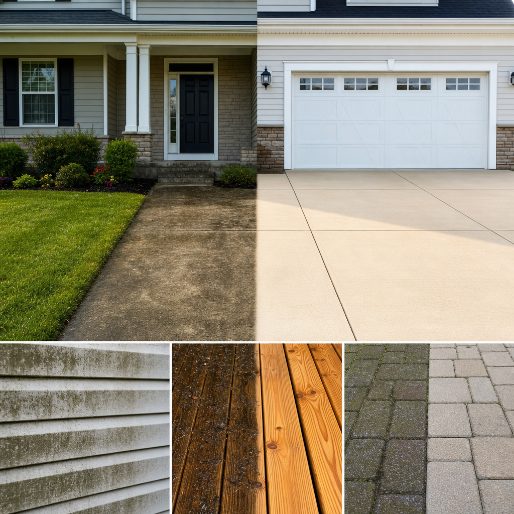 Split view of a suburban home: left shows a worn concrete walkway and lawn; right shows a clean light driveway beside the front door.