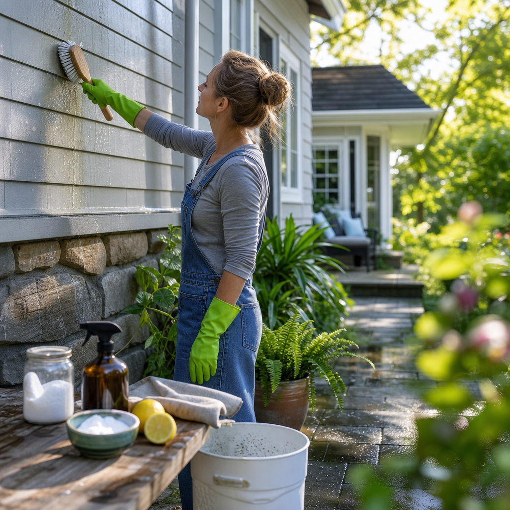 Woman in overalls and bright green gloves scrubs the exterior wall with a brush by a sunny house, bucket and cleaning supplies nearby.