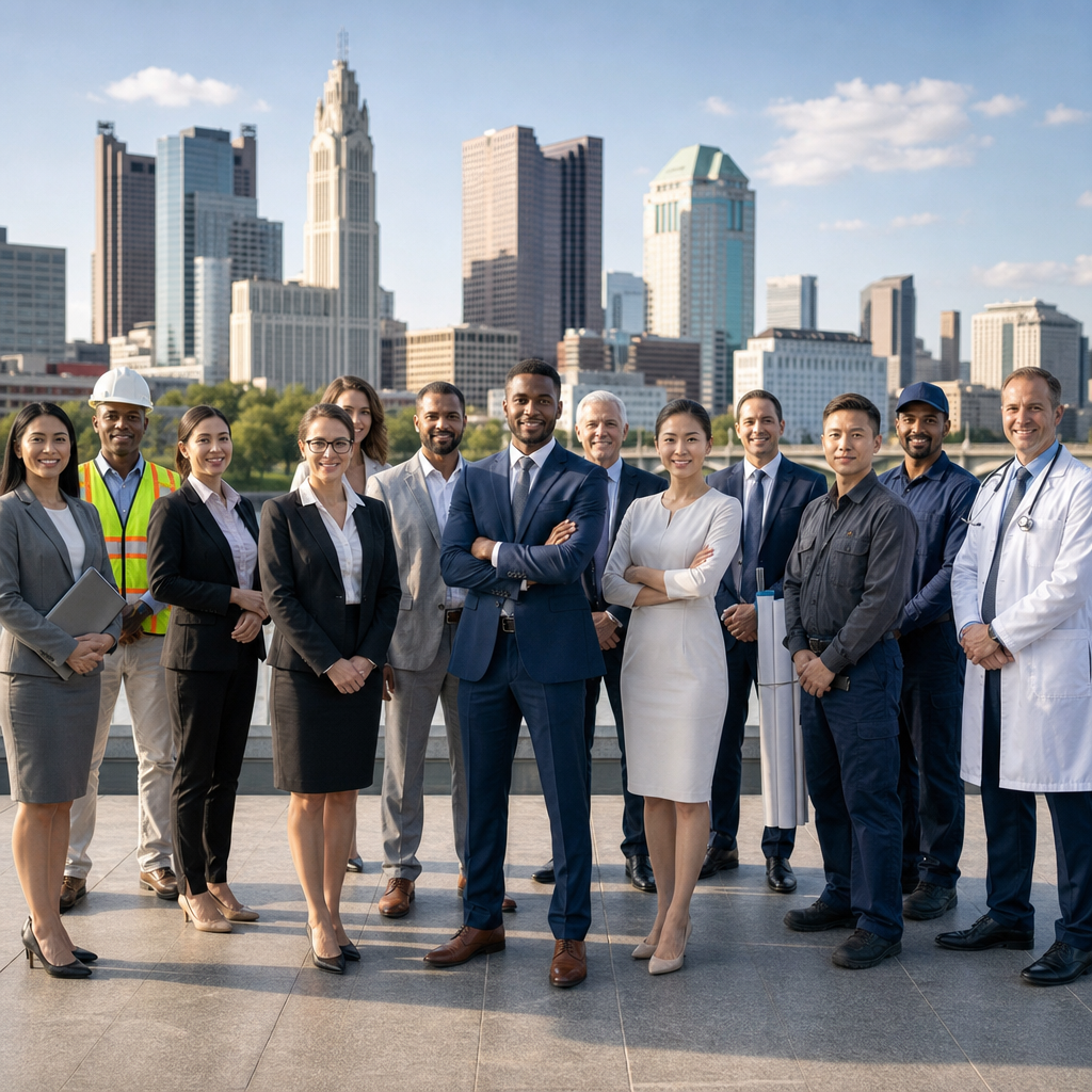 Group of diverse professionals in business attire posing on a rooftop with a city skyline in the background.