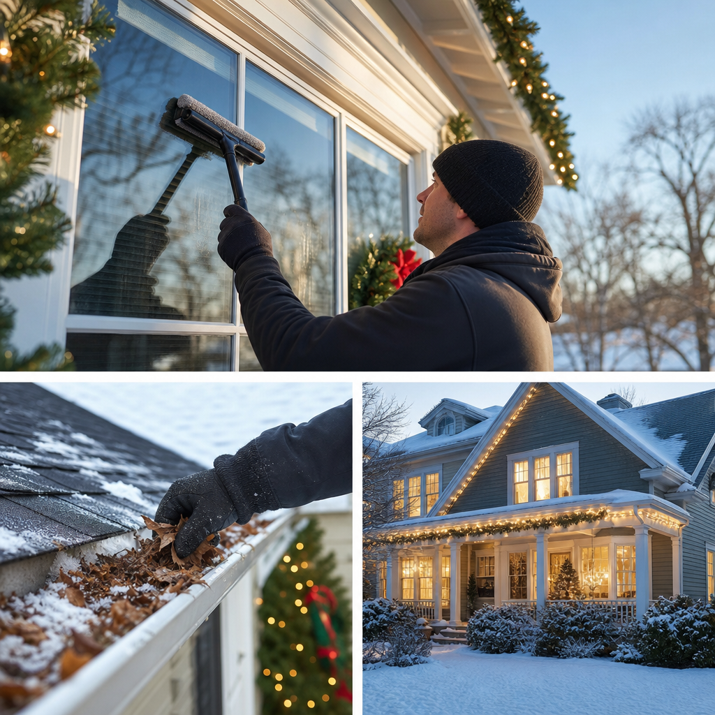 Person in a black beanie cleans a window with a squeegee on a snow-dusted house, holiday lights visible nearby.