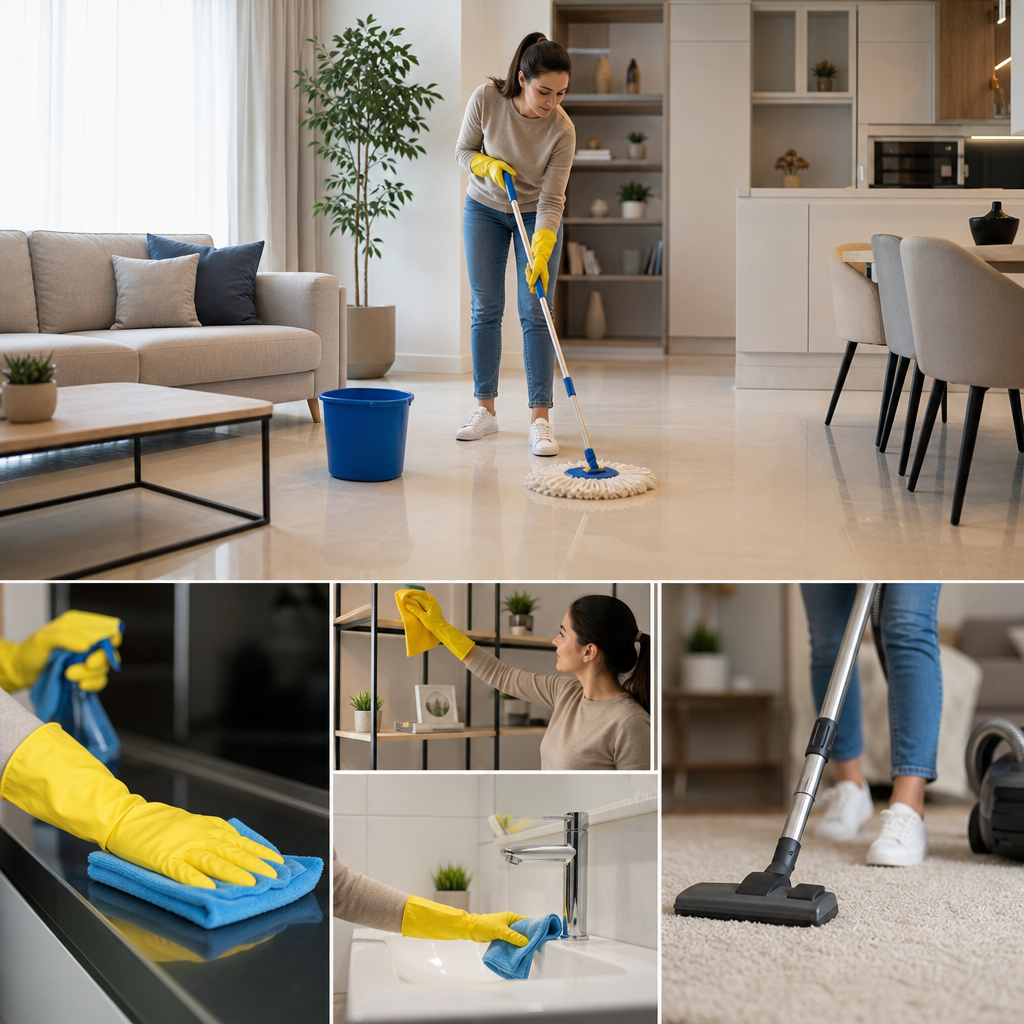 Woman in yellow gloves mops a bright living room floor with a blue bucket nearby in a modern open-plan home on a sunny day, preparing to clean.