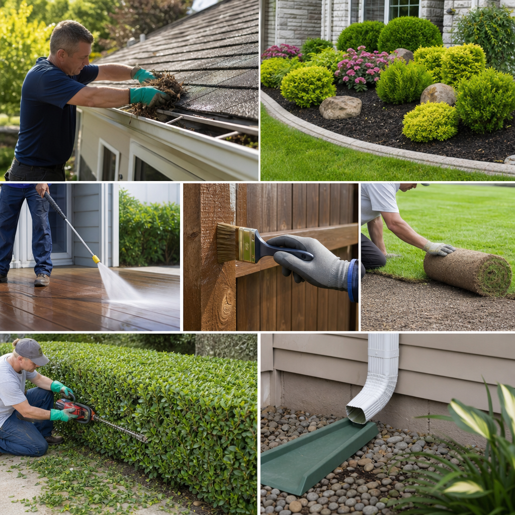 Man cleaning debris from a roof gutter with gloved hands on a sunny day.