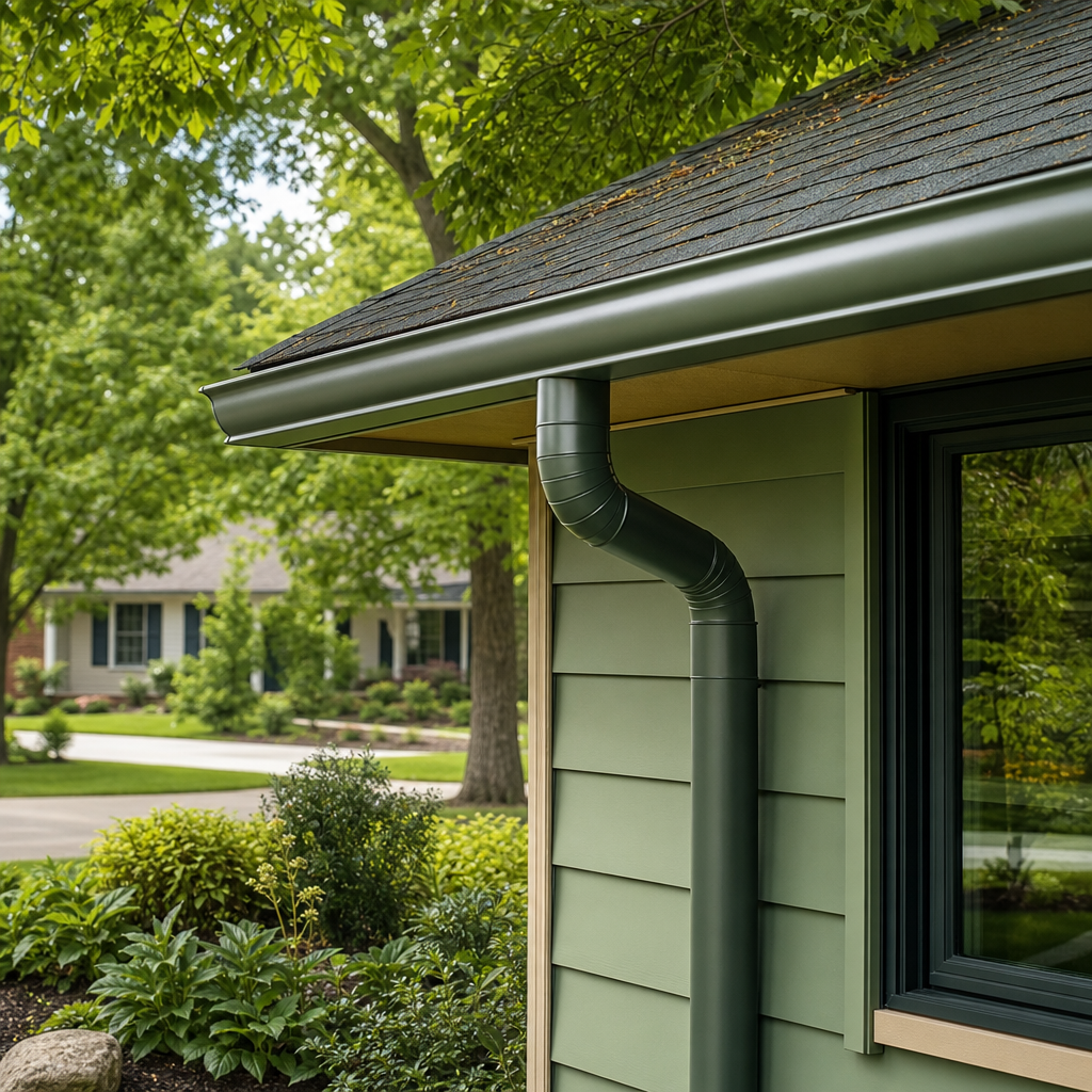 Green plastic downspout curving from the roof gutter along the green siding of a suburban house.