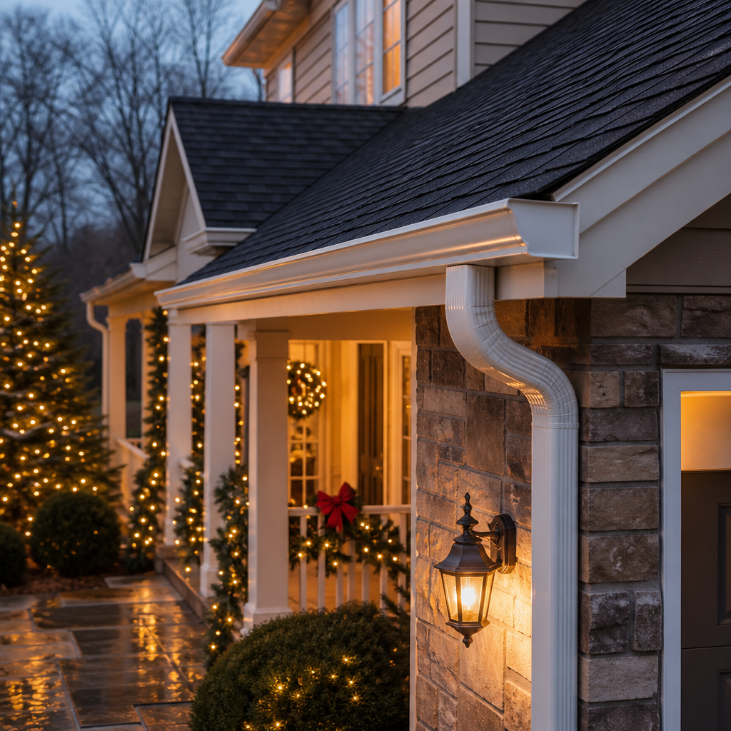 Evening exterior of a brick house decorated for Christmas with string lights along the porch and a lit lantern on the stone wall.
