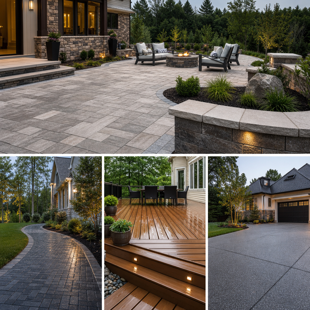 Outdoor stone patio with seating area, stone fire pit, and landscaped edging.