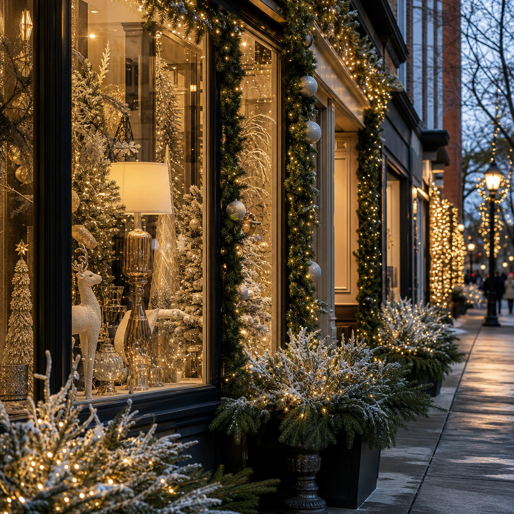 Holiday storefront with warm lights, garlands, and snow-dusted evergreens displayed in large windows
