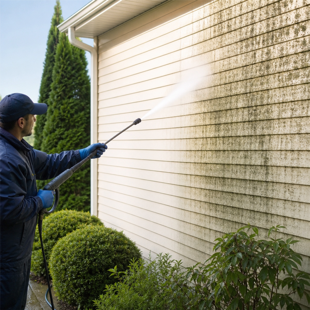 Man in a blue jacket power washing the side of a house, spraying water over soiled siding.