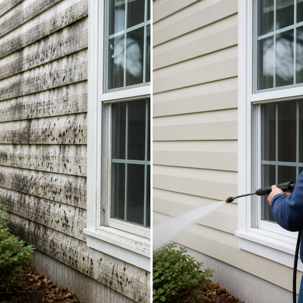 Dirty, moldy siding on the left and clean beige siding being power washed on the right.