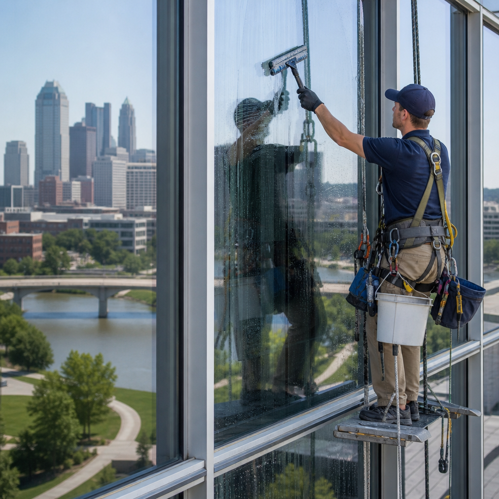 Window cleaner in safety harness washing exterior glass on a high-rise with a city skyline in the background.
