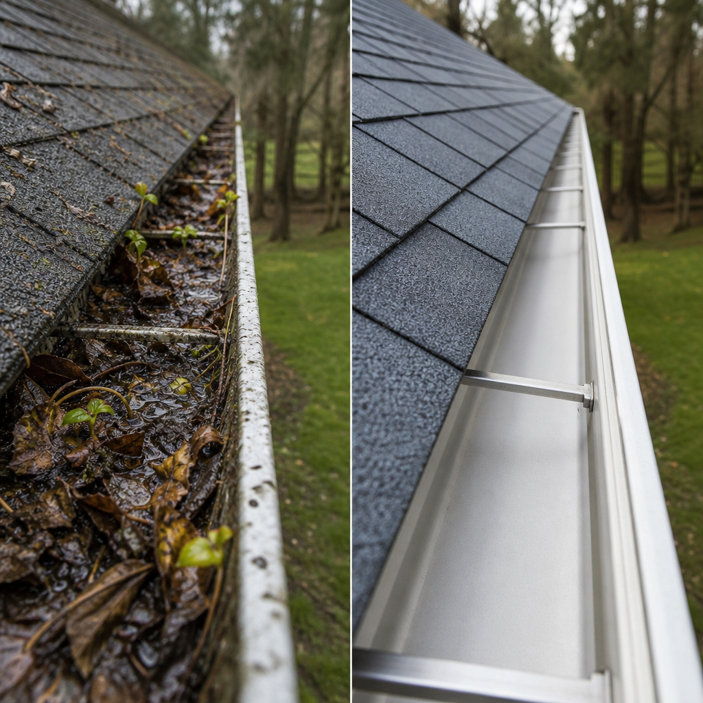 Side-by-side comparison of a roof gutter: left shows a clogged gutter with wet leaves and debris, right shows a clean metal gutter.