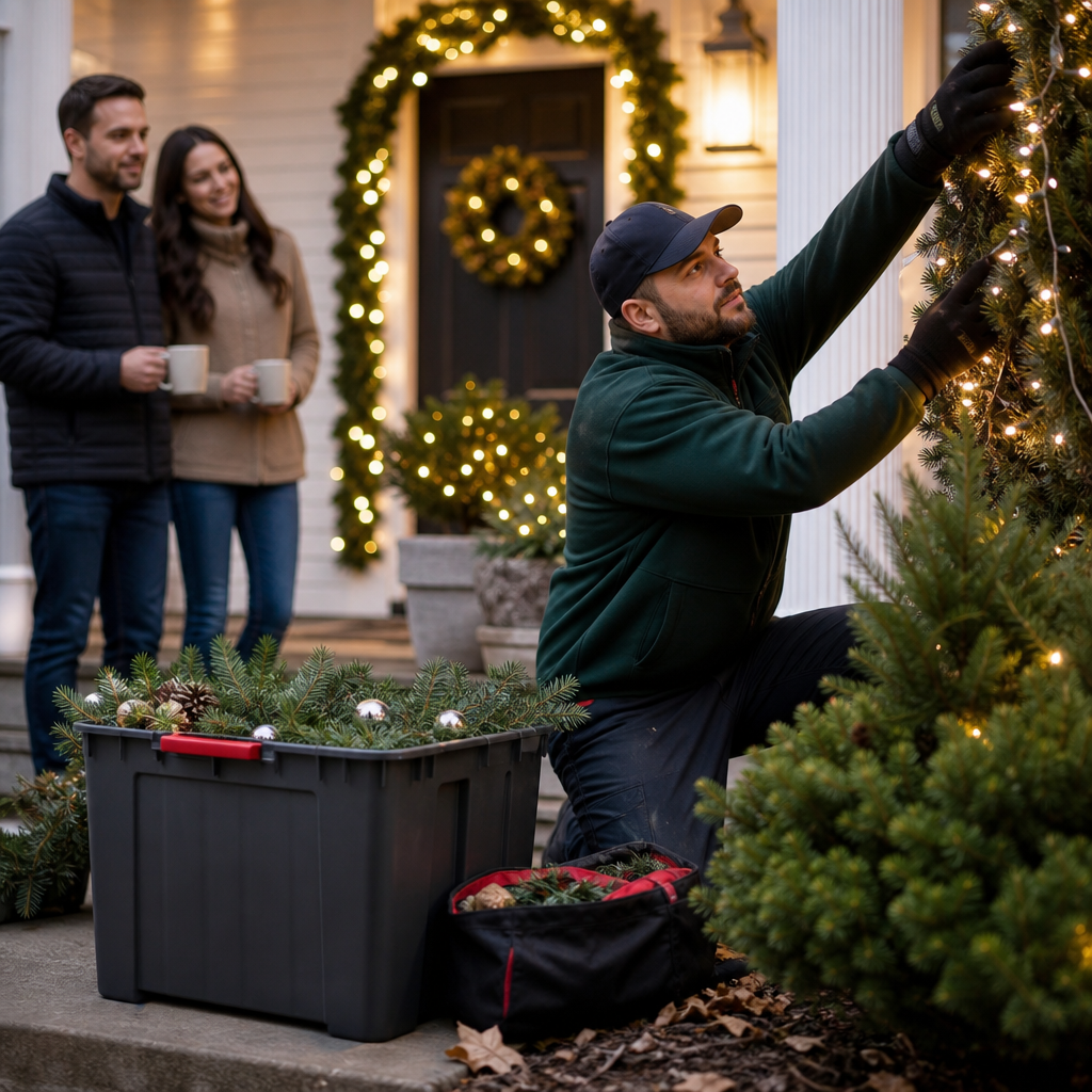 Man in a cap kneels to hang Christmas lights on a evergreen shrub while a couple watches, holding mugs, on a festively lit porch.