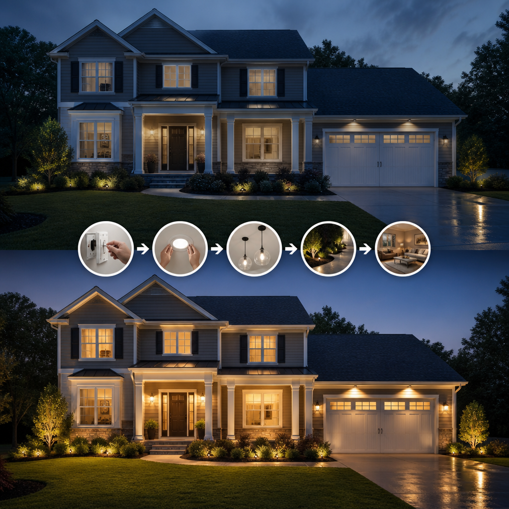 Two-story house at dusk with warm exterior lighting and lit garage, plus a row of circular icons showing a lighting sequence from switch to bulbs to outdoor and interior light.