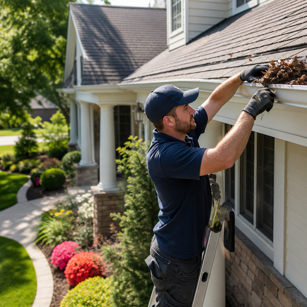 Worker on a ladder clearing leaves from the roof gutter beside a suburban home on a sunny day.