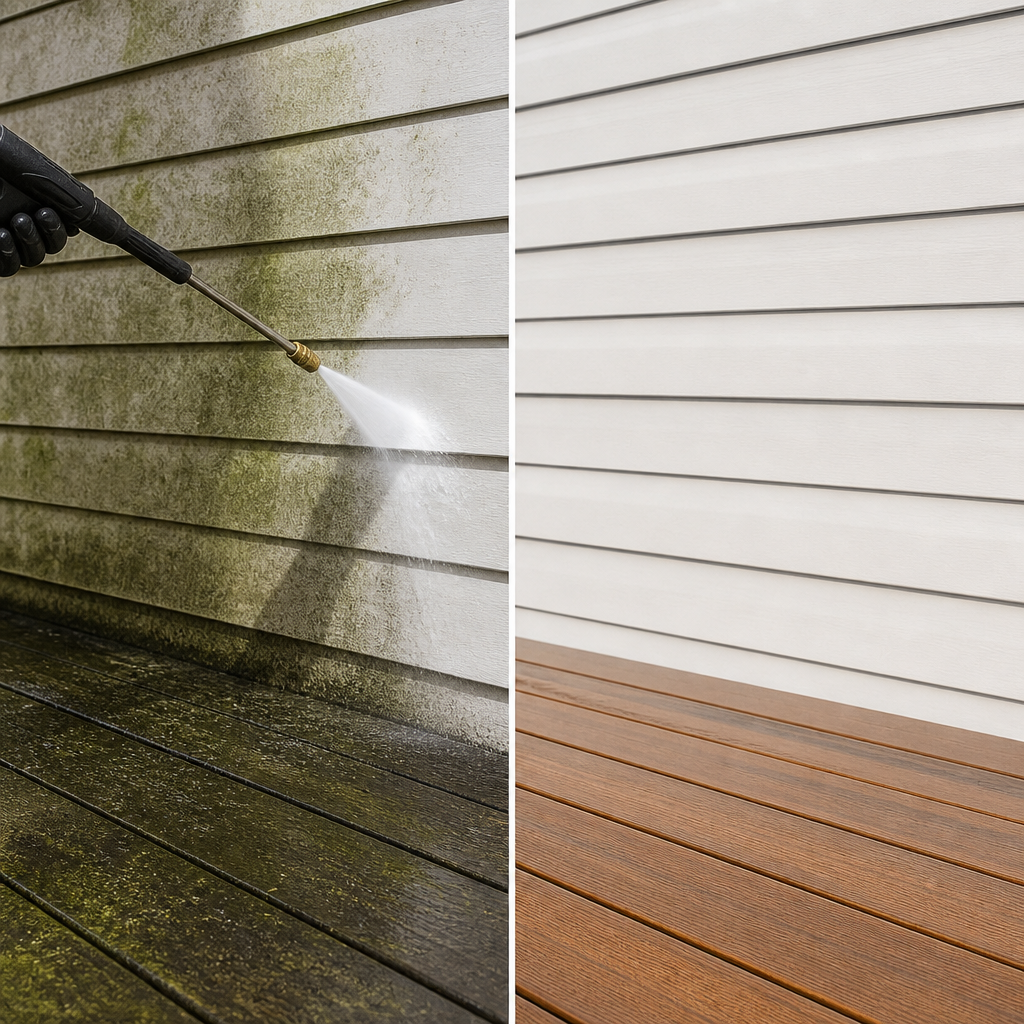 Split image: left side shows a pressure washer removing moss from a siding wall; right side shows clean wooden deck and white siding after washing.