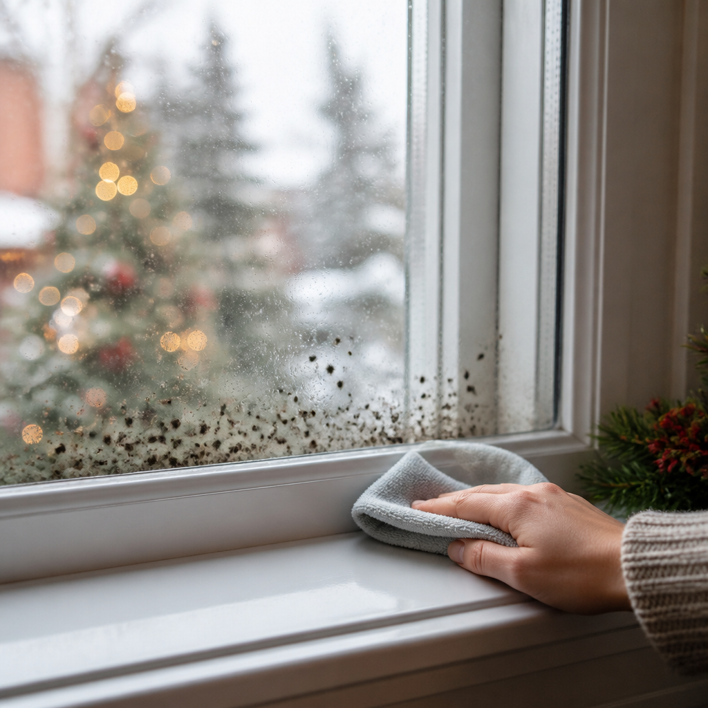 Hand wiping a window with a gray cloth; snowy outdoors and blurred Christmas lights visible outside.