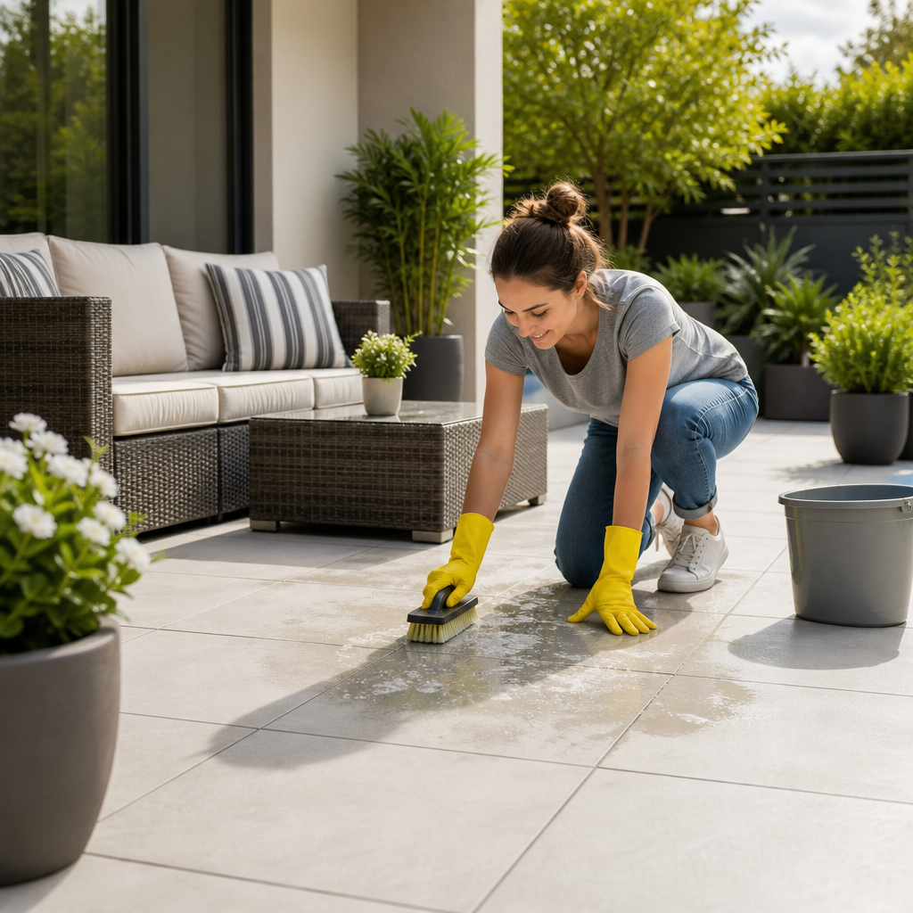 Woman cleaning outdoor patio tiles with a brush and soapy water, wearing yellow gloves and casual clothes.