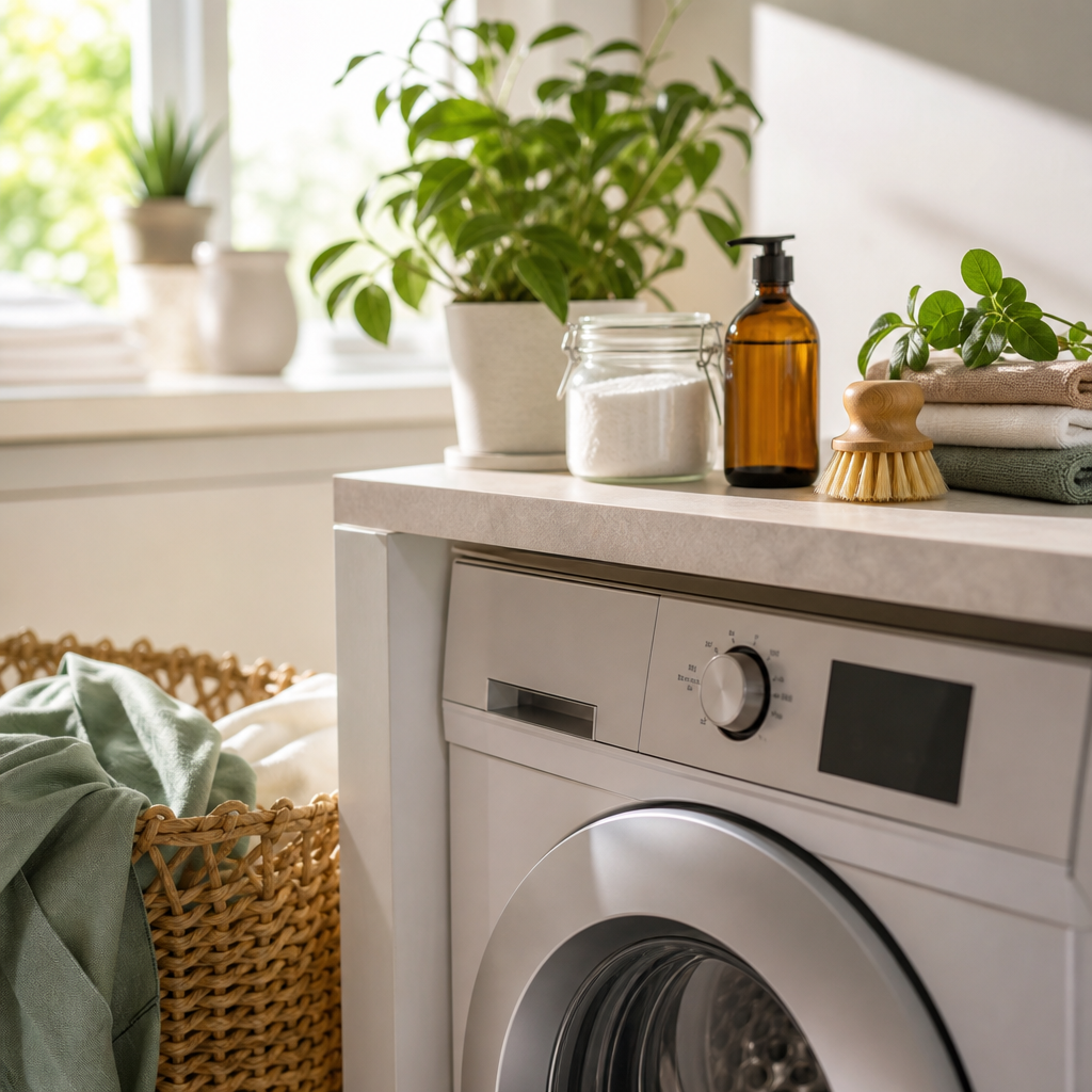 Front-loading washing machine in a bright laundry room with a wicker basket of clothes and a plant on the counter.