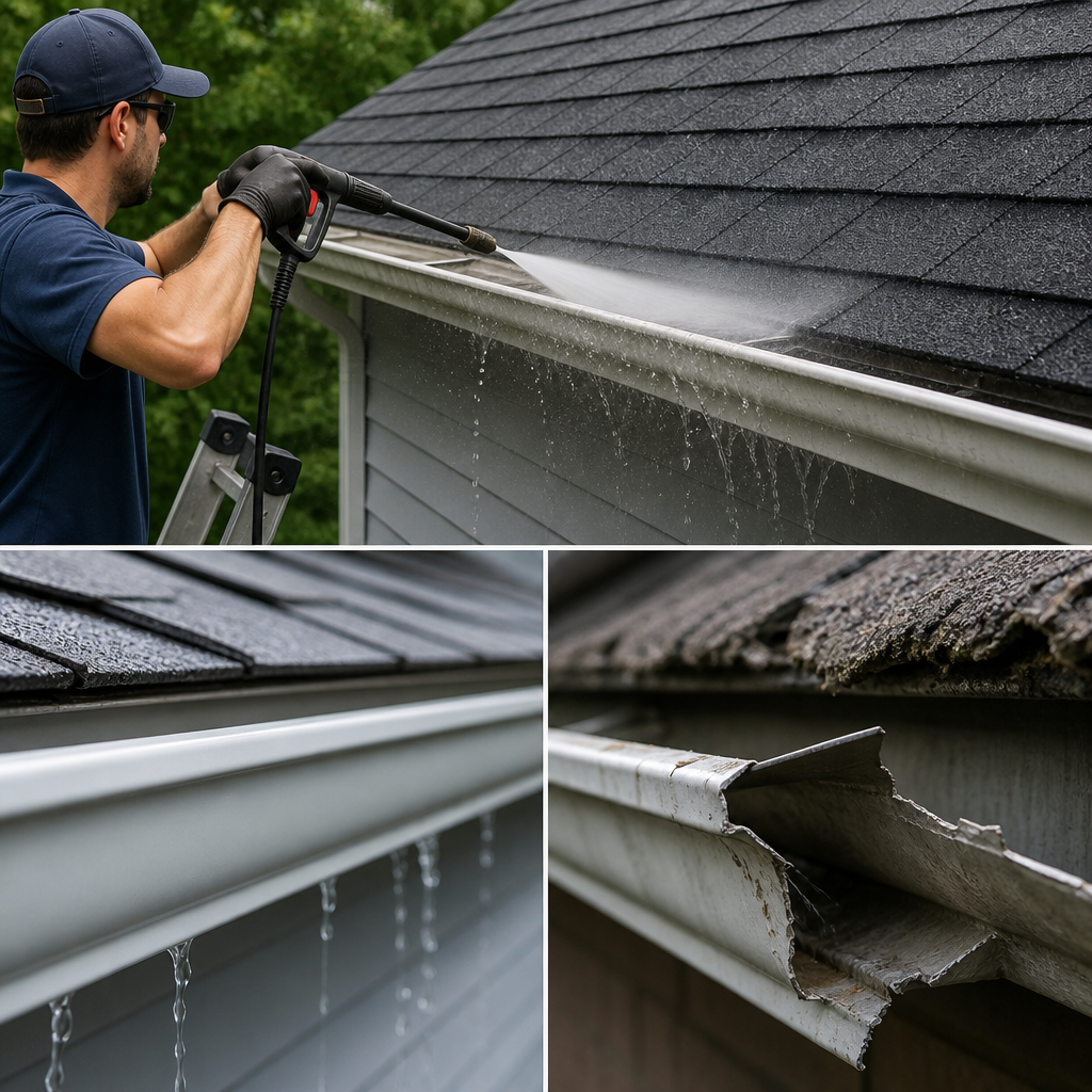 Worker on a ladder pressure-washing a gutter along a shingled roof, wearing a cap and gloves.