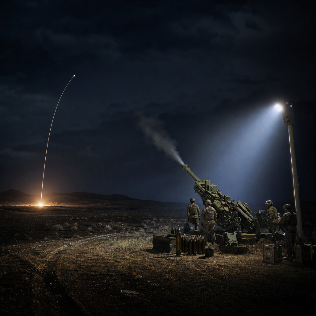 Nighttime military artillery setup: soldiers operate a large cannon under a floodlight, with a distant rocket arc in the sky and spent shells nearby.