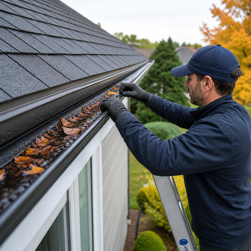 Man on a ladder cleaning leaves out of a gutter along a gray shingled roof, autumn trees in the background.