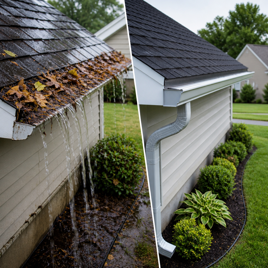Side-by-side image: left shows a gutter filled with leaves and rainwater dripping off, right shows a newly installed white gutter system along the house with a downspout.