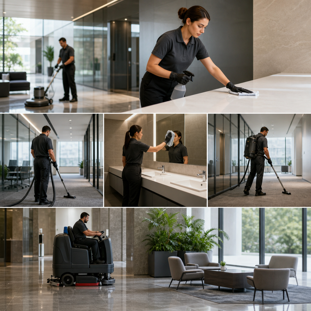 Female cleaner in a dark polo wipes a large white countertop with a spray bottle in a modern office lobby at work.